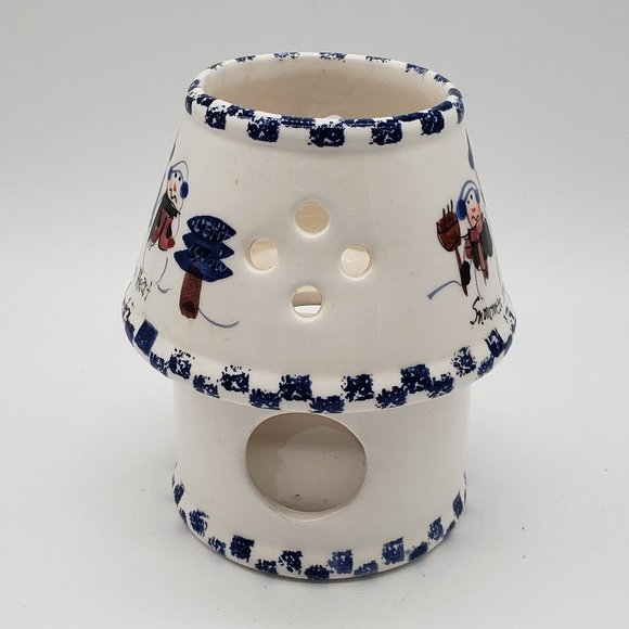 Snowmen Melt Your Heart Vntg Ceramic Blue White Snowmen Tealight Candle Holder - Picture 7 of 10